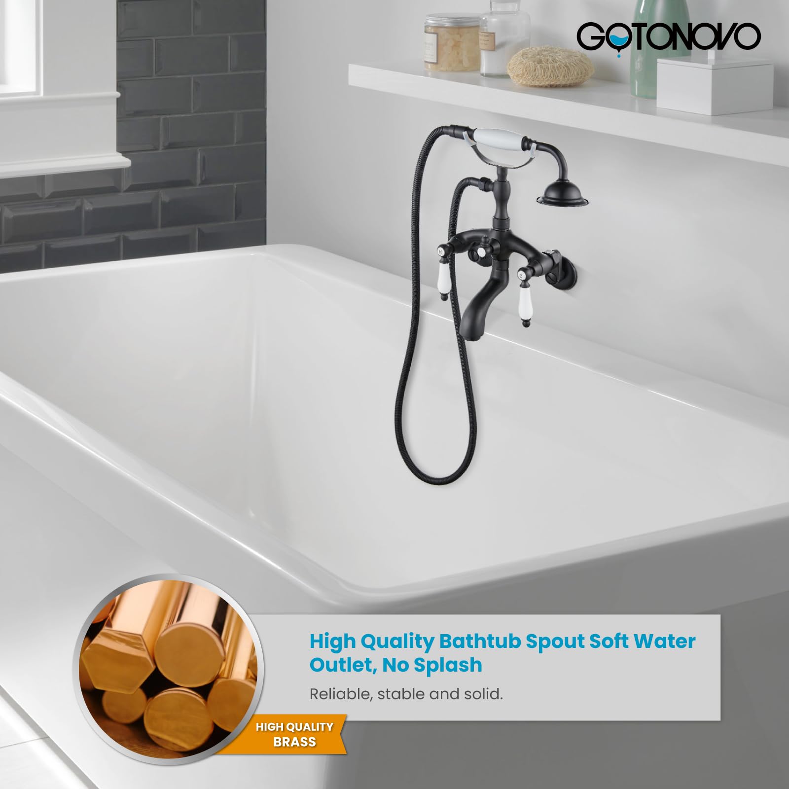 Gotonovo - llave de ducha para tina con forma de teléfono de color negro mate con rociador de ducha de mano, montaje en pared, cerámica de bronce, 2 doble asa, sistema de llave de ducha