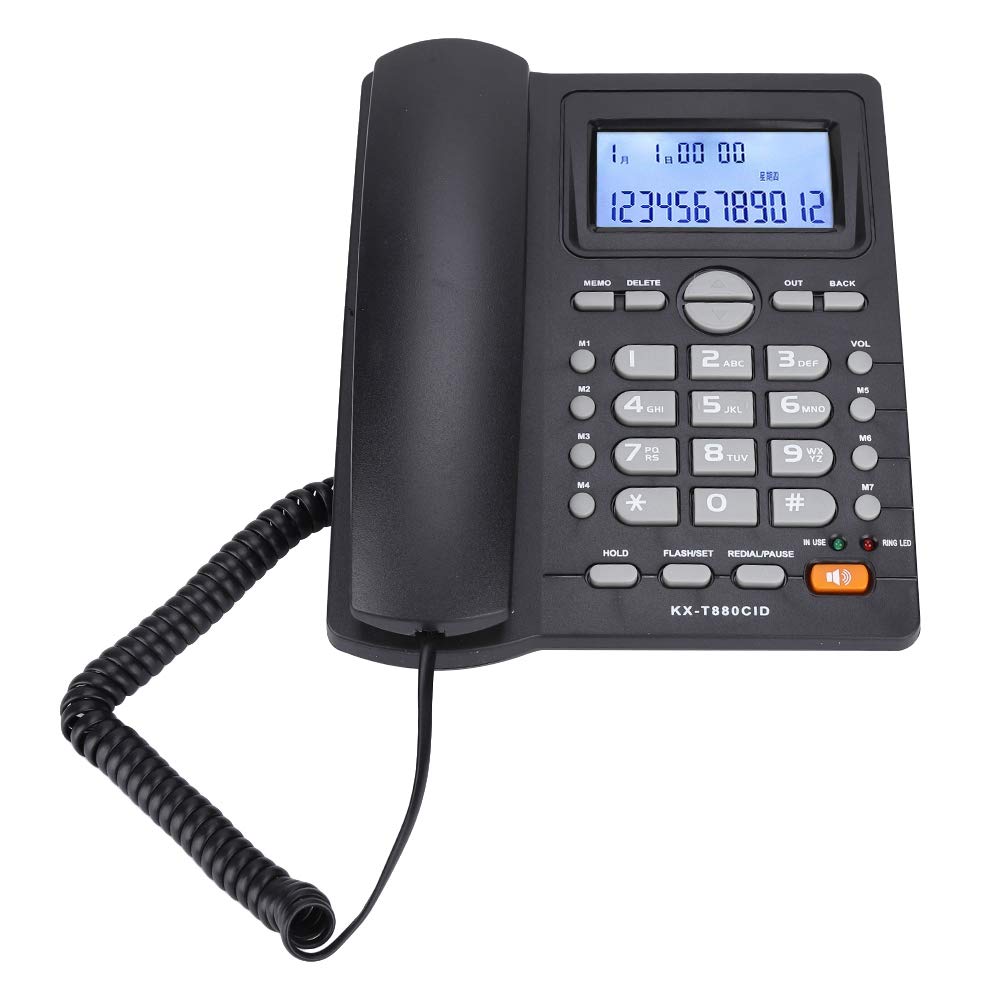 Teléfono Fijo, teléfono de Escritorio con identificador de Llamadas, teléfono con de extensión de Doble Puerto, Cable con Cable y Altavoz (Negro)