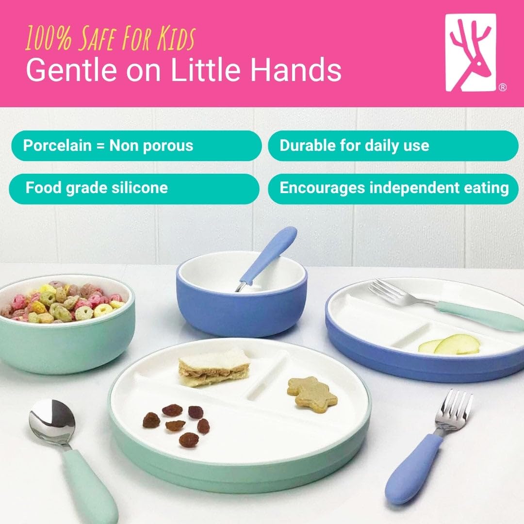 Elk and Friends - Set de vajilla de porcelana para niños con mangas de succión | Platos, tazones + cubiertos para niños pequeños | Mangas de silicona | para comidas + aperitivos | Apto para microondas