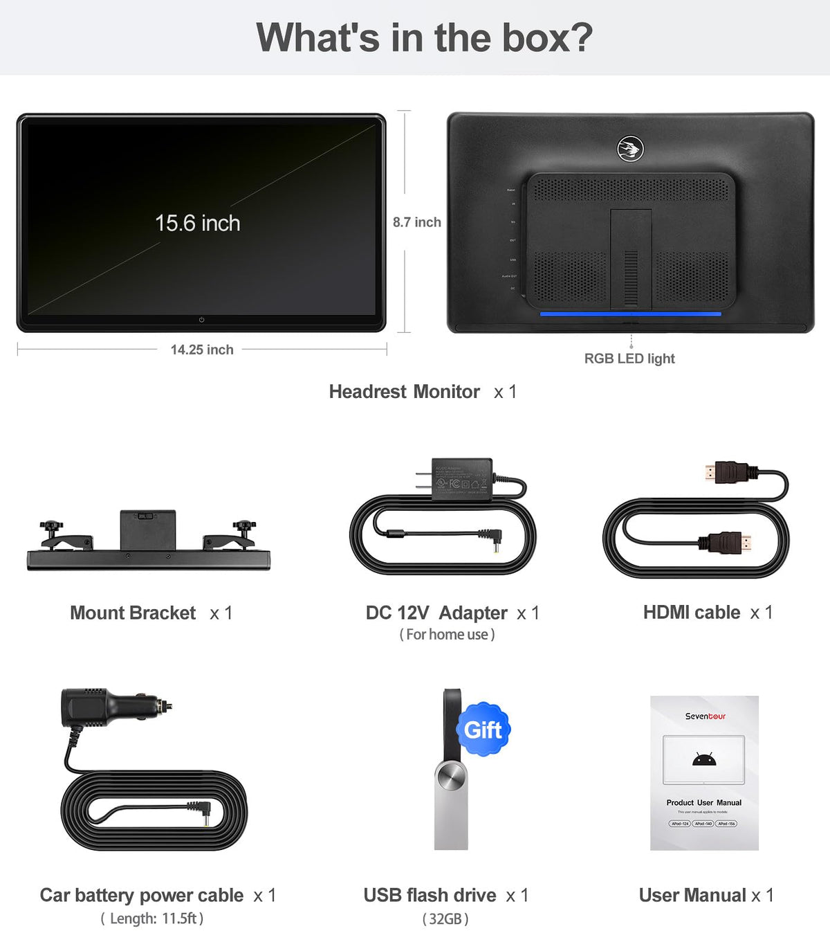 Monitor de Reposacabezas Seventour 4K 15,6 Pulgadas Android 13 con Pantalla Táctil y Enlace de Espejo Inalámbrico para Coche