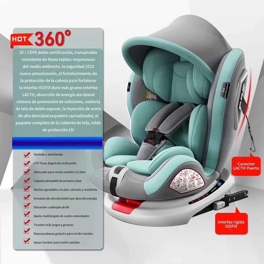 FINYQBET Autoasientos para Bebé, Asiento para Bebé Carro 3 en 1,Crecimiento Sostenible, Seguro y con Rotación 360°,Arnés de Cinco Puntos y Protección Biónica verde