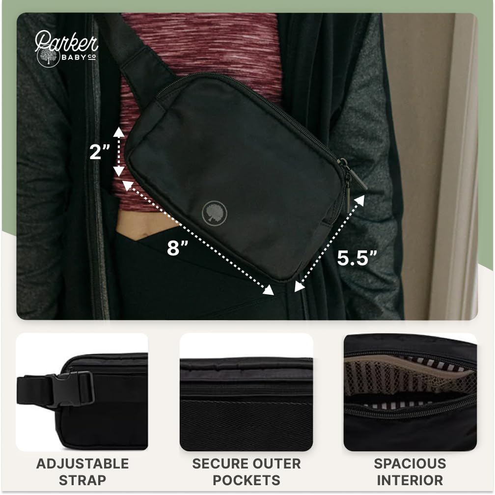 Parker Baby Co. - Riñonera Unisex, Bolsa Cruzada para Mamás y Papás, con amplio espacio para pañales | "Birch Belt Bag", Negro