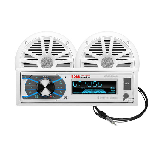 BOSS Audio Systems MCK632WB.6 - Receptor y altavoz marino resistente a la intemperie - Bluetooth Audio, USB, MP3, AM FM, entrada auxiliar, sin reproductor de CD, altavoces de 6,5 pulgadas resistentes a la intemperie, antena dipolo marino