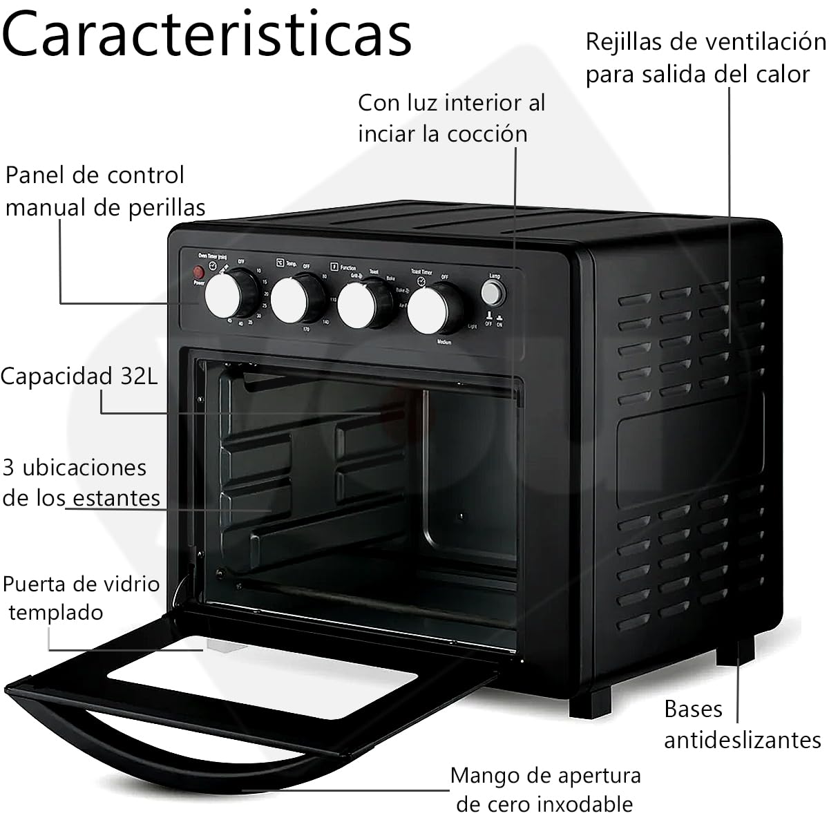 Horno Electrico de Convección 3 En 1 Freidora De Aire Y Tostador de 32 Litros 230°C 1700W