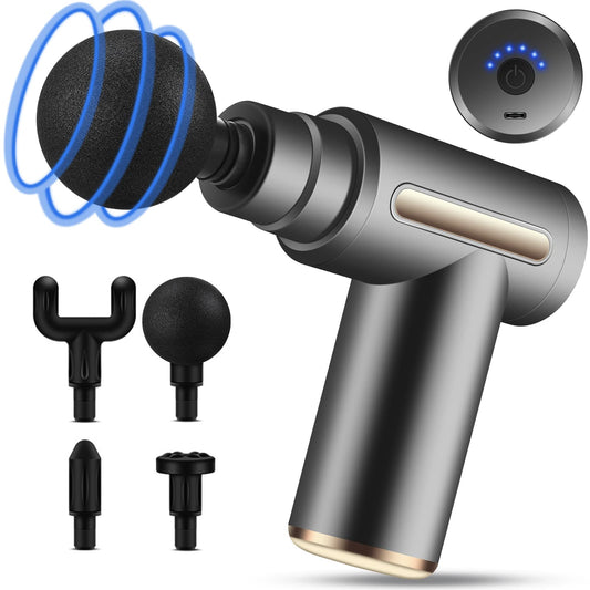 Pistola de Masaje Muscular, Uplayteck Mini Pistola de Masaje, Masajeador de Tejido Profundo Ajustables Massage Gun Portátil 4 Cabezales de Masaje para Relajar Los Músculos Aliviar el Dolor