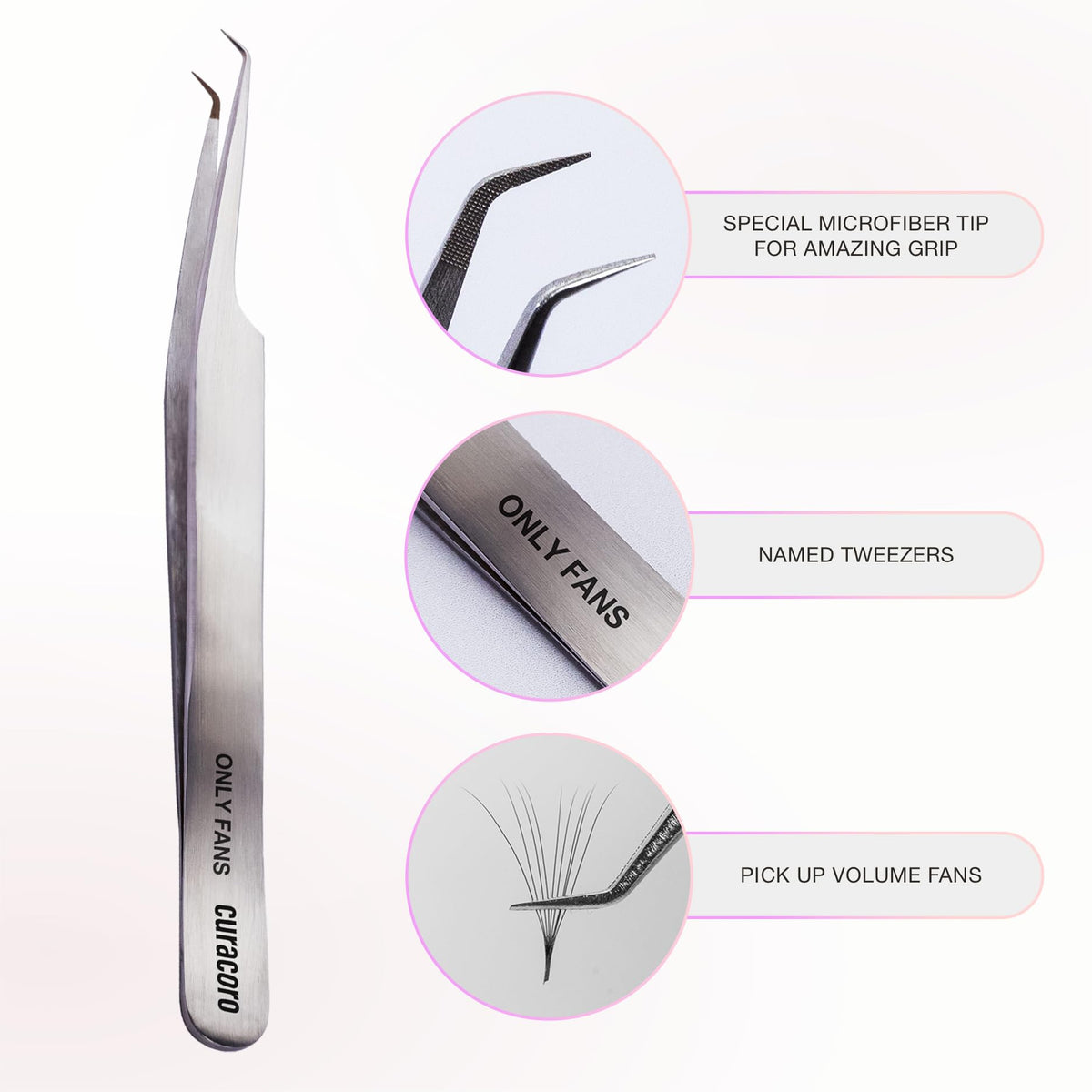 Curacoro Pinza de pestañas – Pinzas profesionales y de precisión para extensiones de pestañas, multiformas y propósitos, pinzas para volumen, aislamiento y pestañas clásicas (plata, solo ventilador)