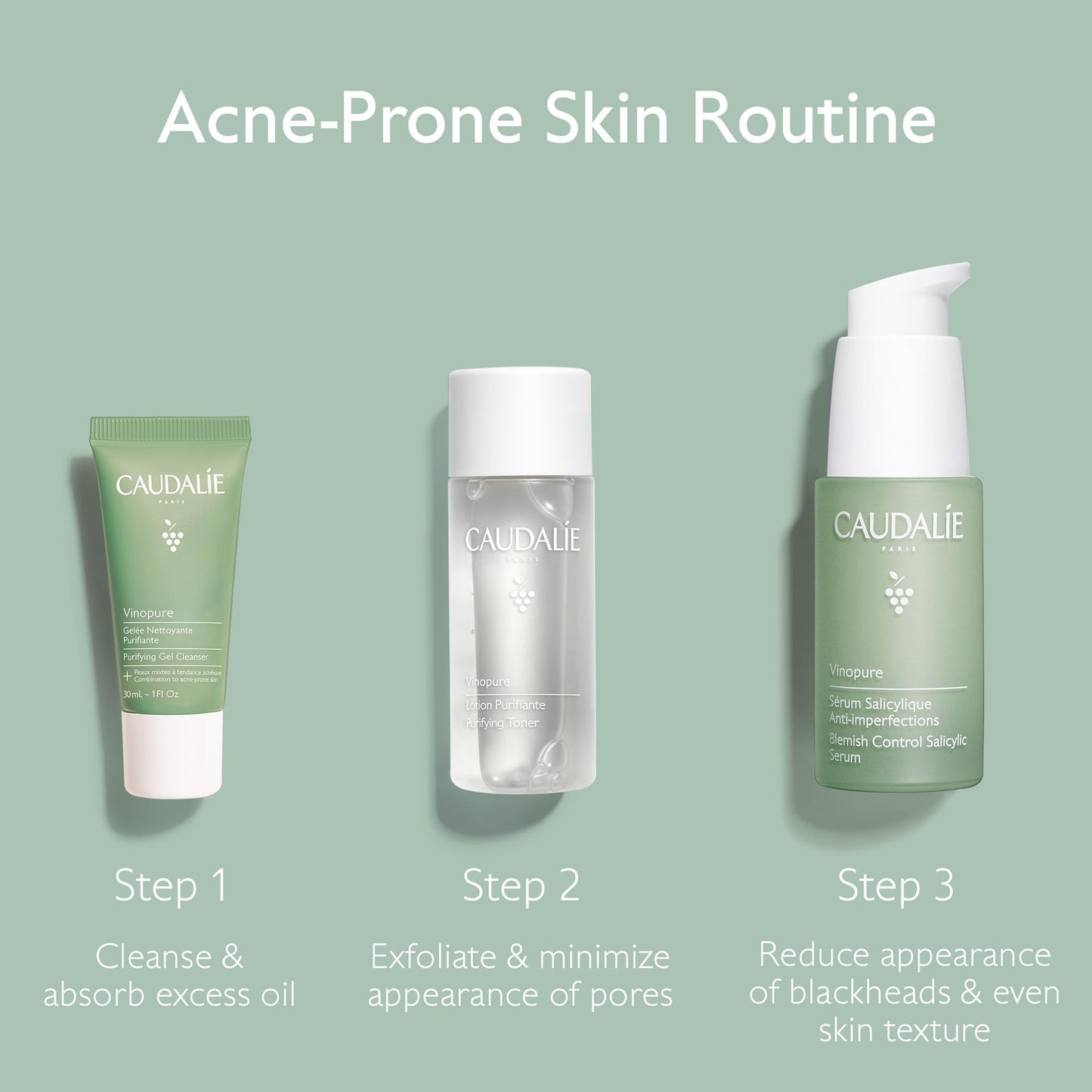 Caudalie Vinopure Set Esencial para Piel con Tendencia Acneica con Sérum Vinopure de Tamaño Completo + 2 Productos de Viaje Gratis (Valor de $1615)