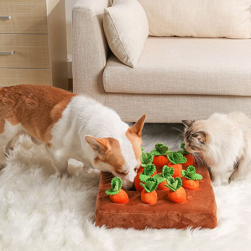 Juguetes de peluche para perros de 13.7 x 13.7 pulgadas, alfombras de juguete de zanahoria, juguetes interactivos para perros, juguetes para masticar con 12 zanahorias de felpa para perros pequeños, alivio del estrés