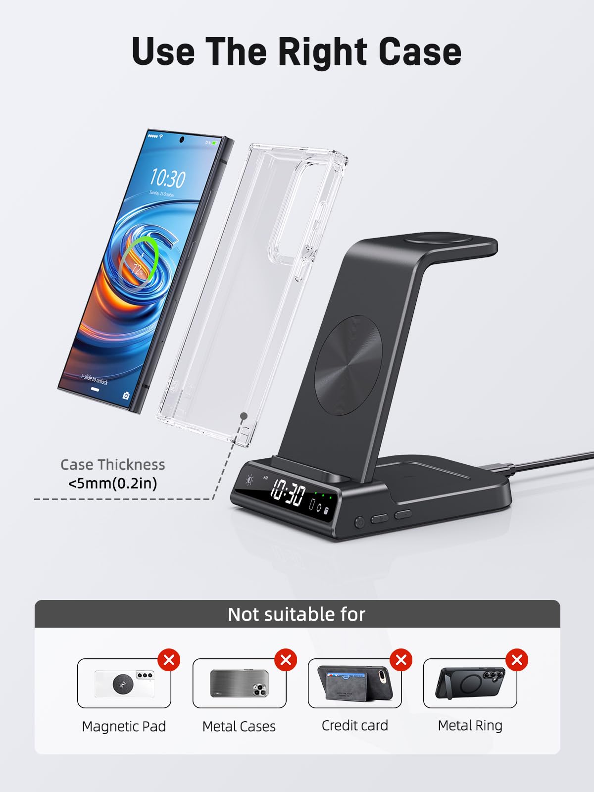 Cargador inalámbrico para estación de carga Samsung, cargador inalámbrico de teléfono Android 3 en 1 para Samsung Galaxy S24 Ultra/S23 Ultra/Z Flip 5/Fold 5/Bud, cargador para Galaxy Watch 6/5/4 (solo