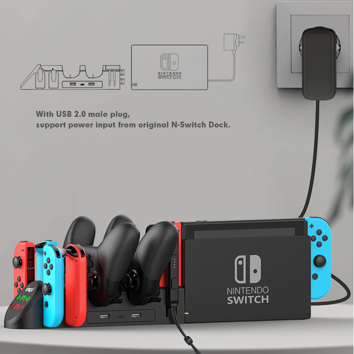 Base de carga para Nintendo Switch, estación de carga para Nintendo Switch Joy Cons y controladores Nintendo Switch Pro con indicador LED