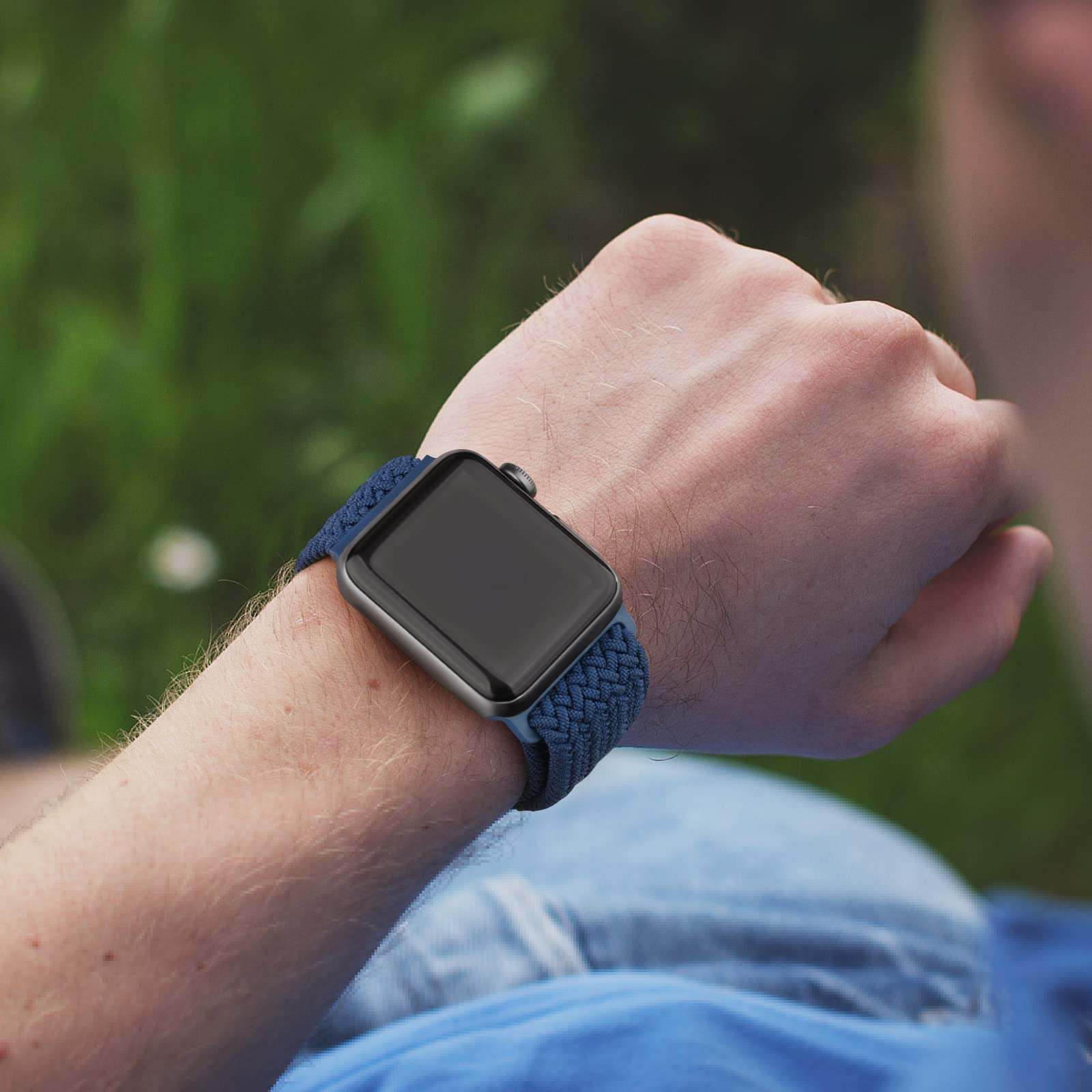 Correa Solo Loop Trenzada Mugust Azul Marino Ajustable para Apple Watch 42mm 44mm 45mm para Mujer y Hombre