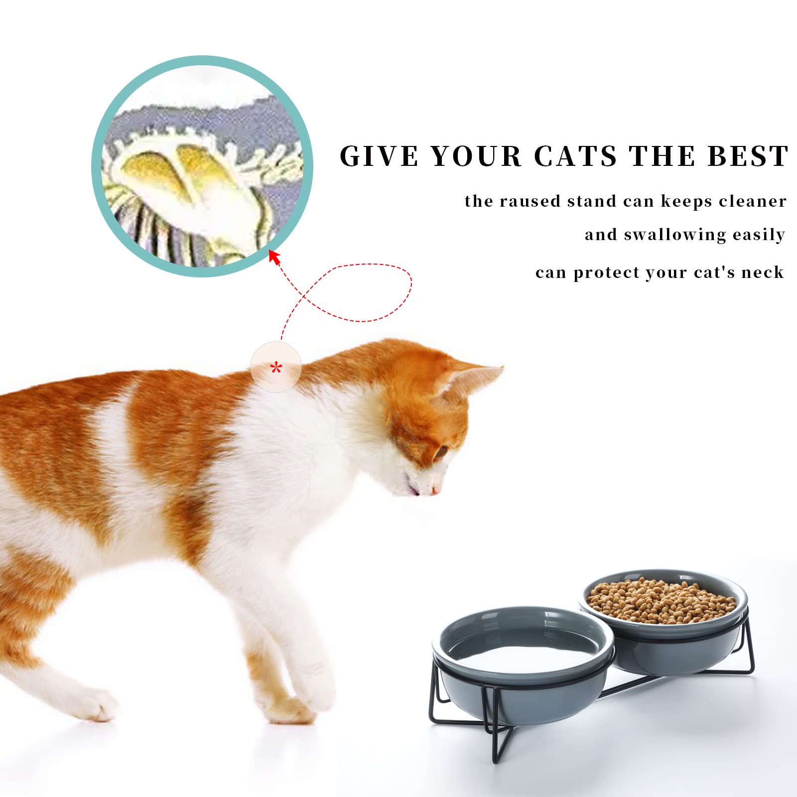 GDCZ Ceramics - Cuencos para Perros pequeños con Soporte de Metal Elevado para Comida de Mascotas y Platos de Agua, 15 onzas (Gris)