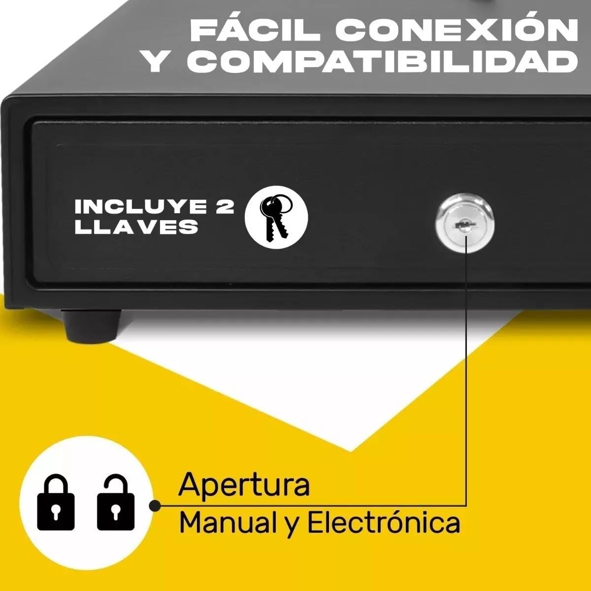 Cajon de Dinero Metalico Compartimento para 4 Billetes y 5 Monedas, Cable de Conexión RJ11 a Computadora o Impresora, Punto de Venta Caja Registradora