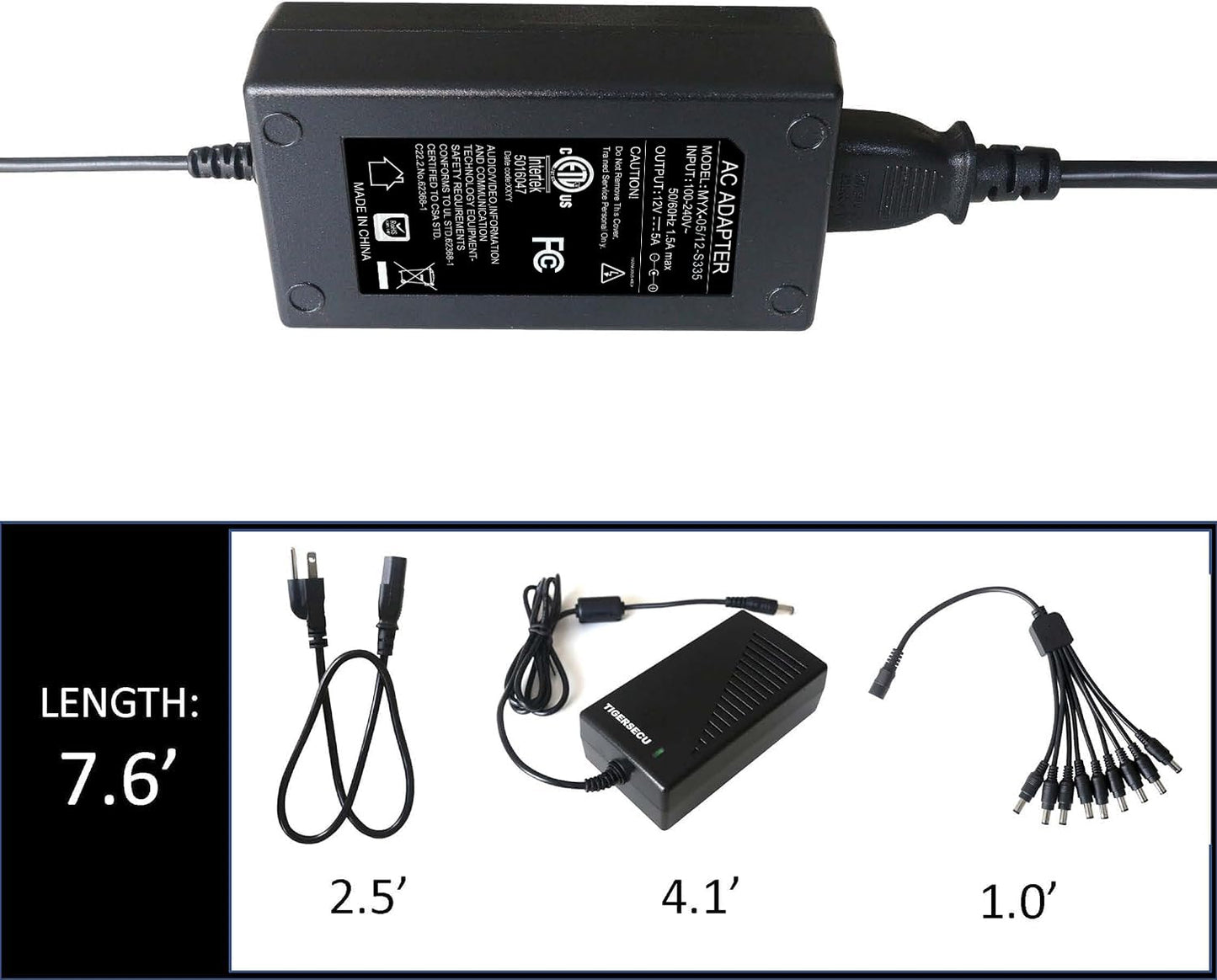 TIGERSECU Adaptador de Corriente para cámara de Seguridad con Divisor de Corriente de 9 vías, Fuente de alimentación de 12 V 5 A 100 V-240 V 2,1 x 5,5 mm