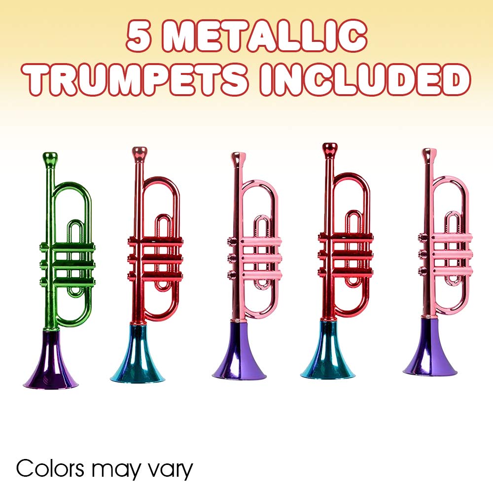 ArtCreativity - Juego de 5 trompetas metálicas de 13 pulgadas, divertidos instrumentos musicales de plástico para fiestas y eventos, juguetes musicales para niños, regalos geniales para fiestas de