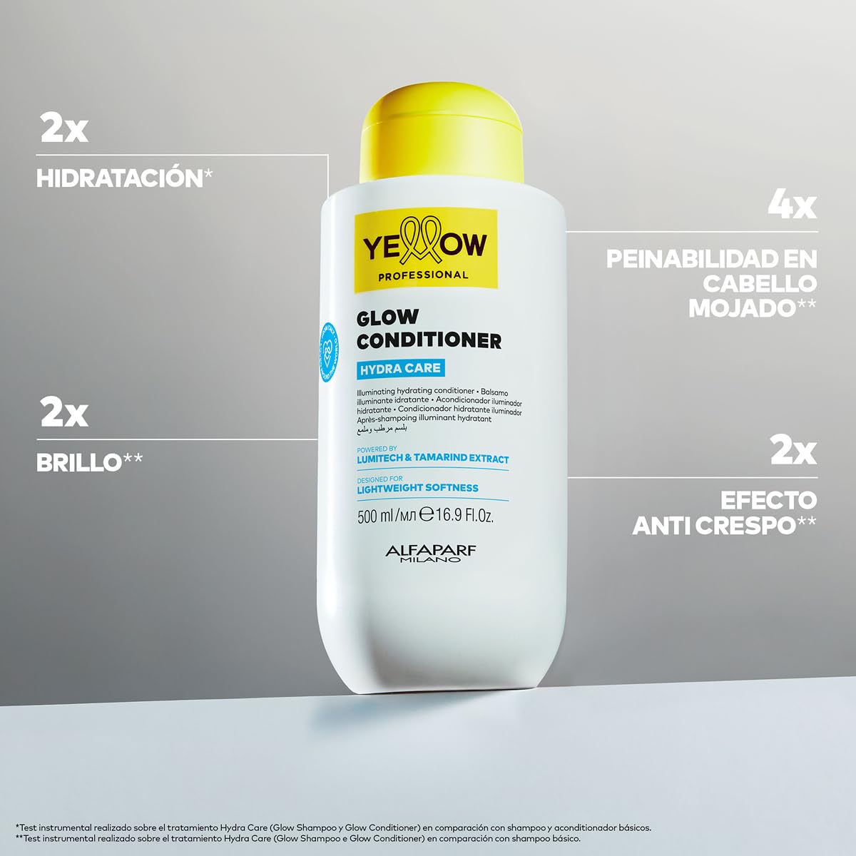 "YELLOW PROFESSIONAL HYDRA CARE GLOW CONDITIONER 500 ml Acondicionador iluminador hidratante para todo tipo de cabello POTENCIADO CON LUMITECH & TAMARIND EXTRACT CONCEBIDO PARA SUAVIDAD LIGERA"