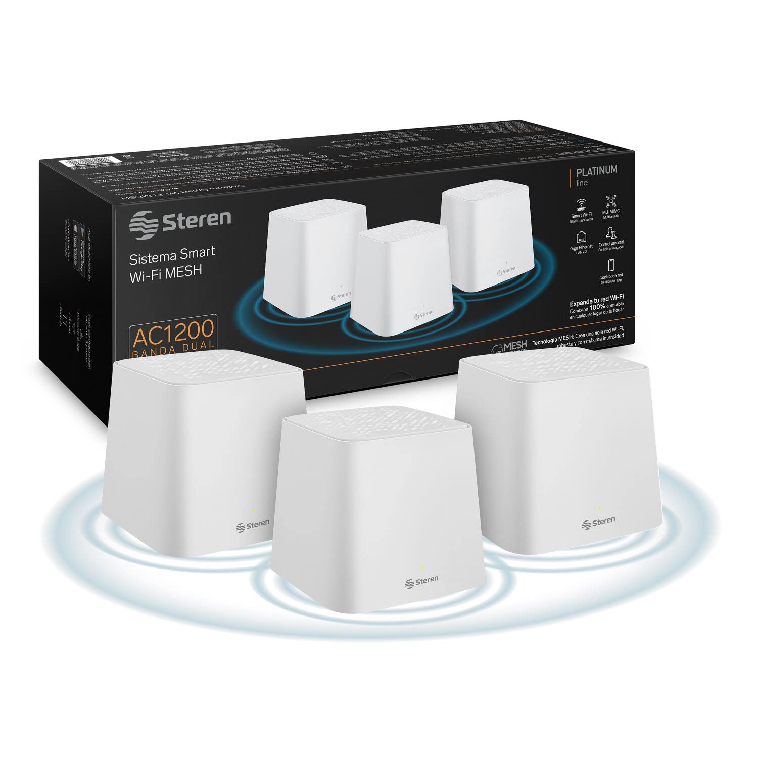 STEREN MESH-300 Sistema Smart Wi-Fi Mesh Triple, 2,4 GHz y 5 GHz (B/G/N/A/AC/V/R), hasta 900 Mbps, 2 Puertos LAN Fast Ethernet por Cada módulo, Color Blanco, gestión Desde App