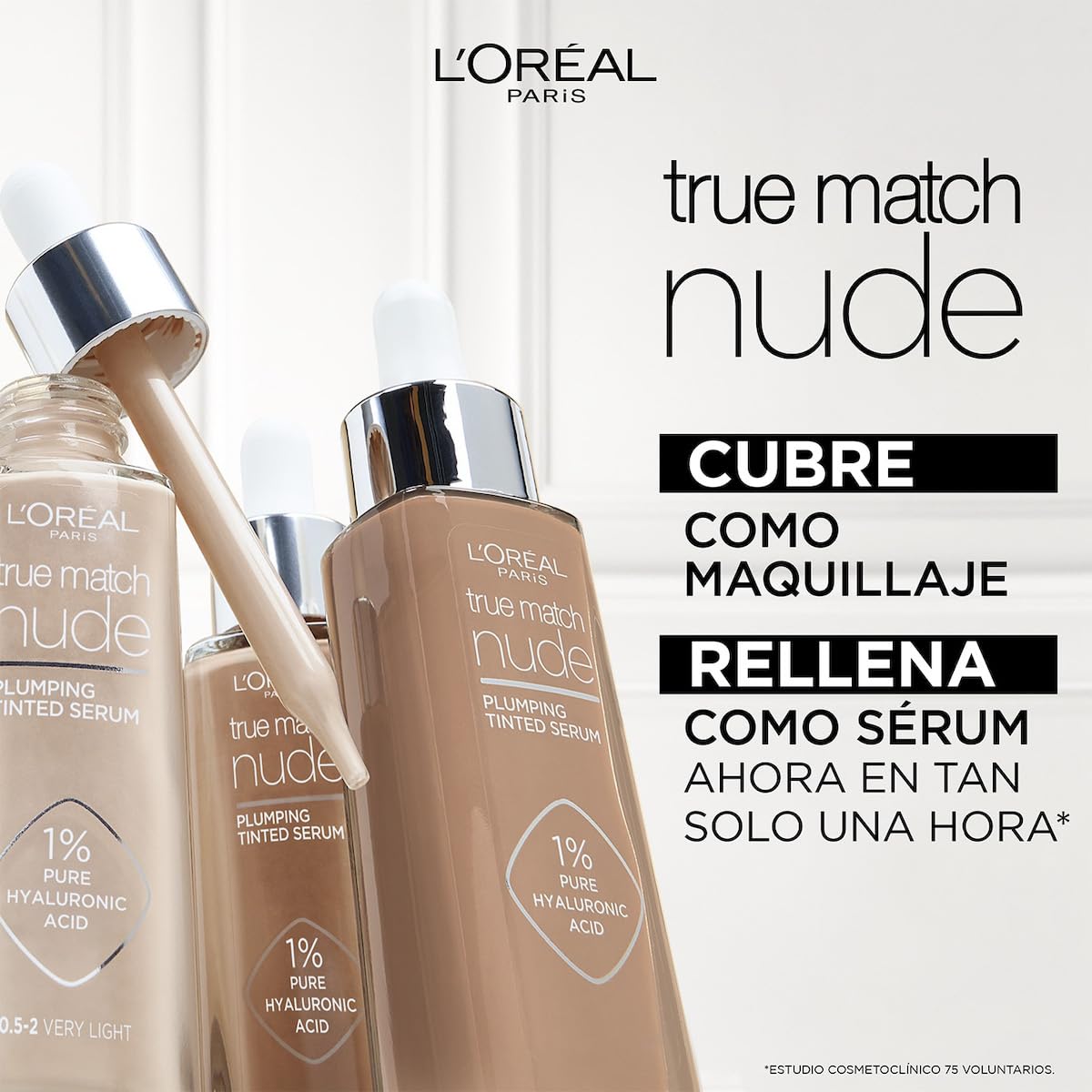 L'Oréal Paris sérum rellenador con color y ácido hialurónico True Match, Tono 2-3 Light, 30ml