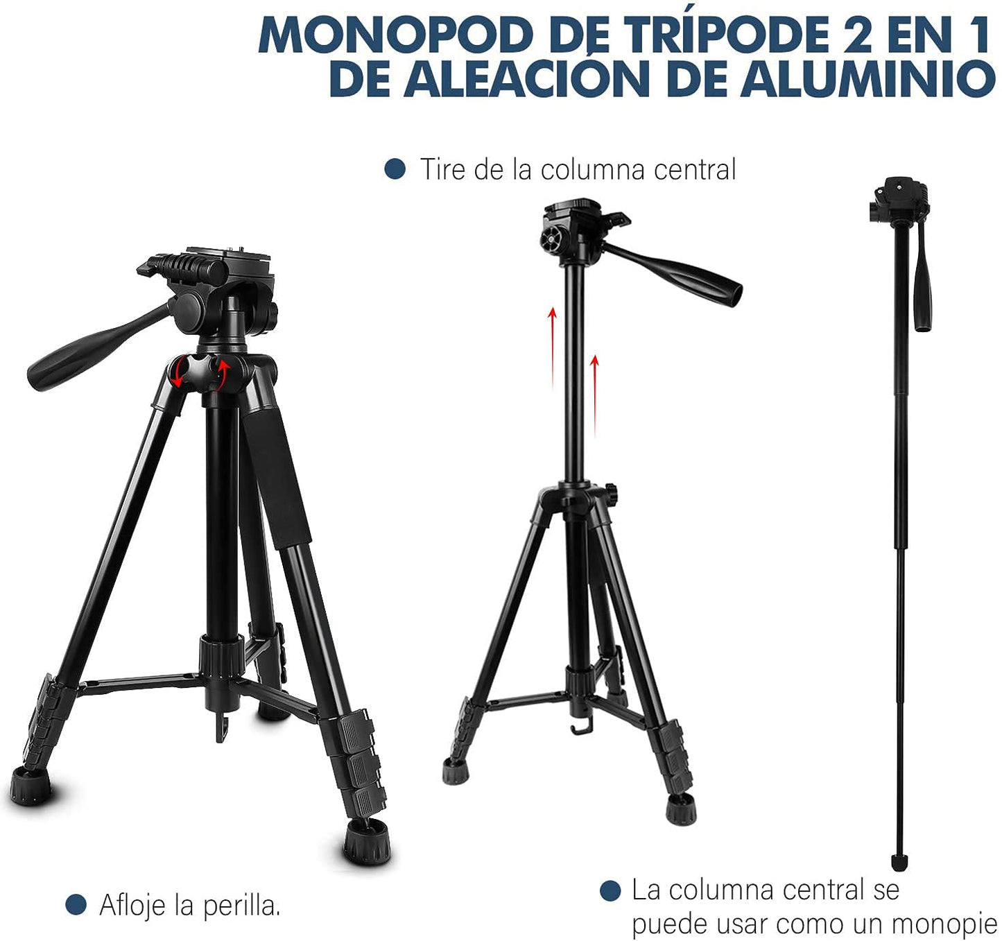 Trípode de Cámara MTQ Aluminio Portátil 2-en-1 con Rotación de 360 Grados para Cámara y Monopié