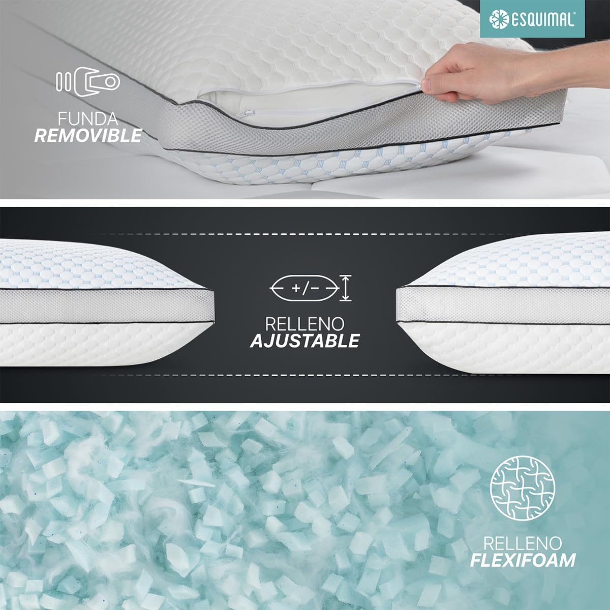 Almohada ESQUIMAL Bamboo Memory Foam con Gel Hipoalergénica Transpirable Ajustable Estándar