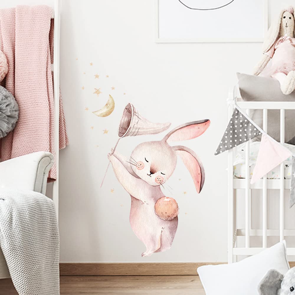 Wland Calcomanías de pared de vinilo extraíbles de 17.3 x 25.6 pulgadas, diseño de conejo, acuarela, conejo, luna, estrellas, globo, para decoración de habitación de niños, habitación del bebé, dormitorio de bebé y niña