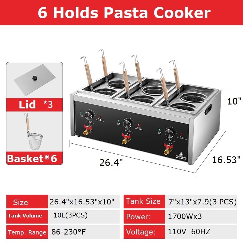 Koalalko - Cocina de pasta comercial con válvula de drenaje, 3 tanques independientes, 6 coladores de pasta, máquina de cocinar fideos, caldera de temperatura ajustable para espaguetis ramen 110 V,
