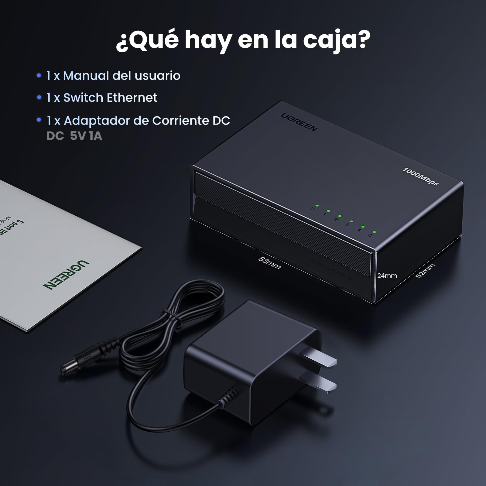 UGREEN Conmutador Ethernet , Divisor Ethernet Gigabit de Alta Velocidad de 5 Puertos, Divisor de Internet para Escritorio y Montaje en Pared, Conmutador LAN Plug & Play para TV/Laptop
