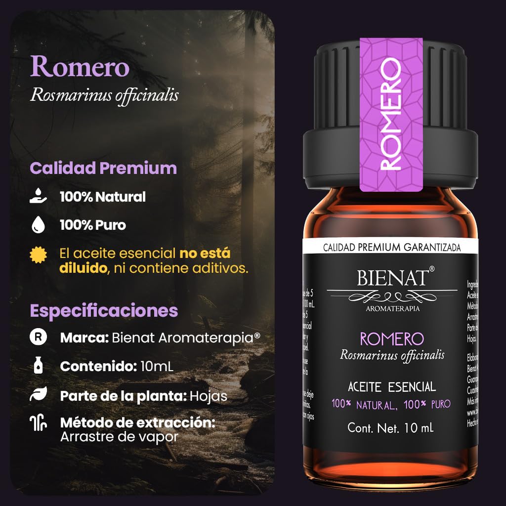 BIENAT AROMATERAPIA Aceite Esencial de Romero 10mL | 100% Puro y Concentrado | Ideal para Difusor de Aromas, Humidificador, Aromaterapia, Masajes, Meditación, Jabones y Velas | Esencia Natural en Gotas