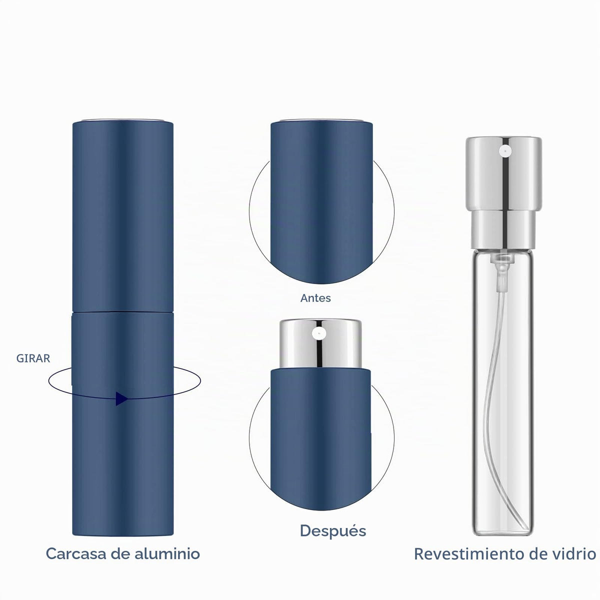 Lil Ray Mini botella atomizadora portátil de 8 ml (4 unidades), atomizador recargable de viaje para perfume, cologn, fragancia con diseño de giro (negro mate y oro rosa y azul y plata)
