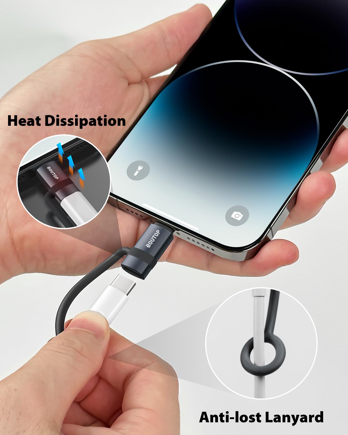 BOUTOP [Certificado MFi] Adaptador USB C a Lightning de 3 A 36 W, adaptador USBC a Lightning compatible con sincronización de datos/PD de carga rápida compatible con iPhone iPad AirPods, con soporte