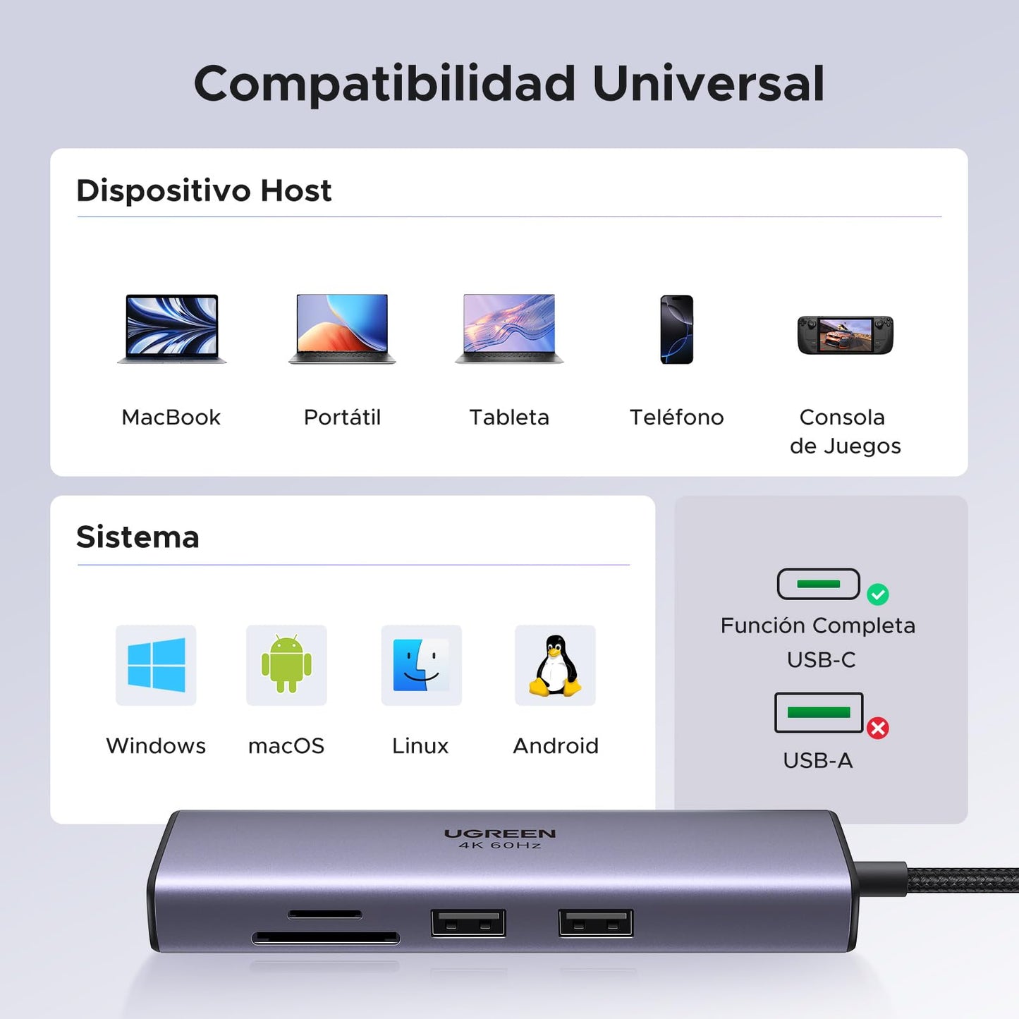 Hub USB C UGREEN Plata 7 en 1 Adaptador a HDMI 4K 60Hz Gigabit Ethernet Carga 100W Lector de Tarjetas SD TF 2 USB 3.0 Compatible con MacBook Pro iPad DELL Switch Steam Deck