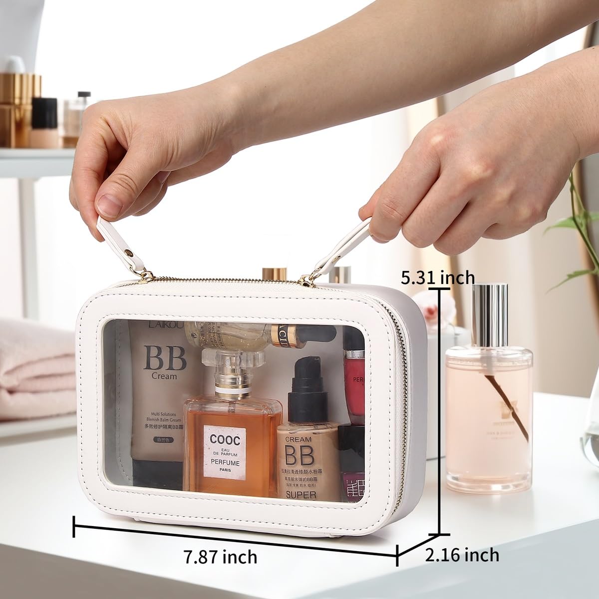 Pinkmik - Bolsa de maquillaje transparente para maquillaje portátil, bolsa de cosméticos de viaje con cierre para mujer, Blanco, Pequeño