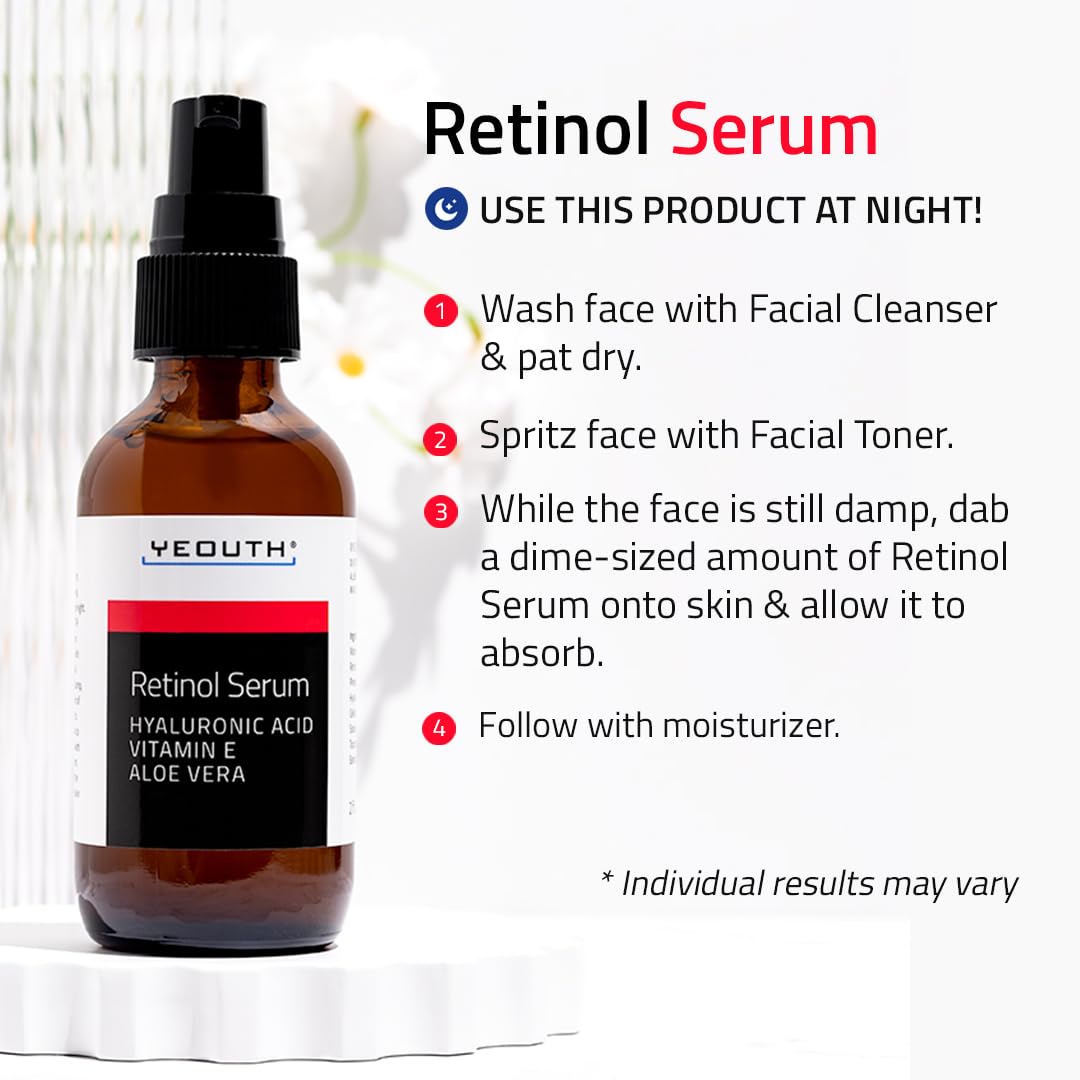YEOUTH Retinol Serum con Acido Hialuronico Facial, Gran Combo con Facial Aceite / Bloqueador Solar Facial / Mascarillas Faciales, Suero Facial para el Cuidado de la Piel de Mujeres y Hombres 1oz