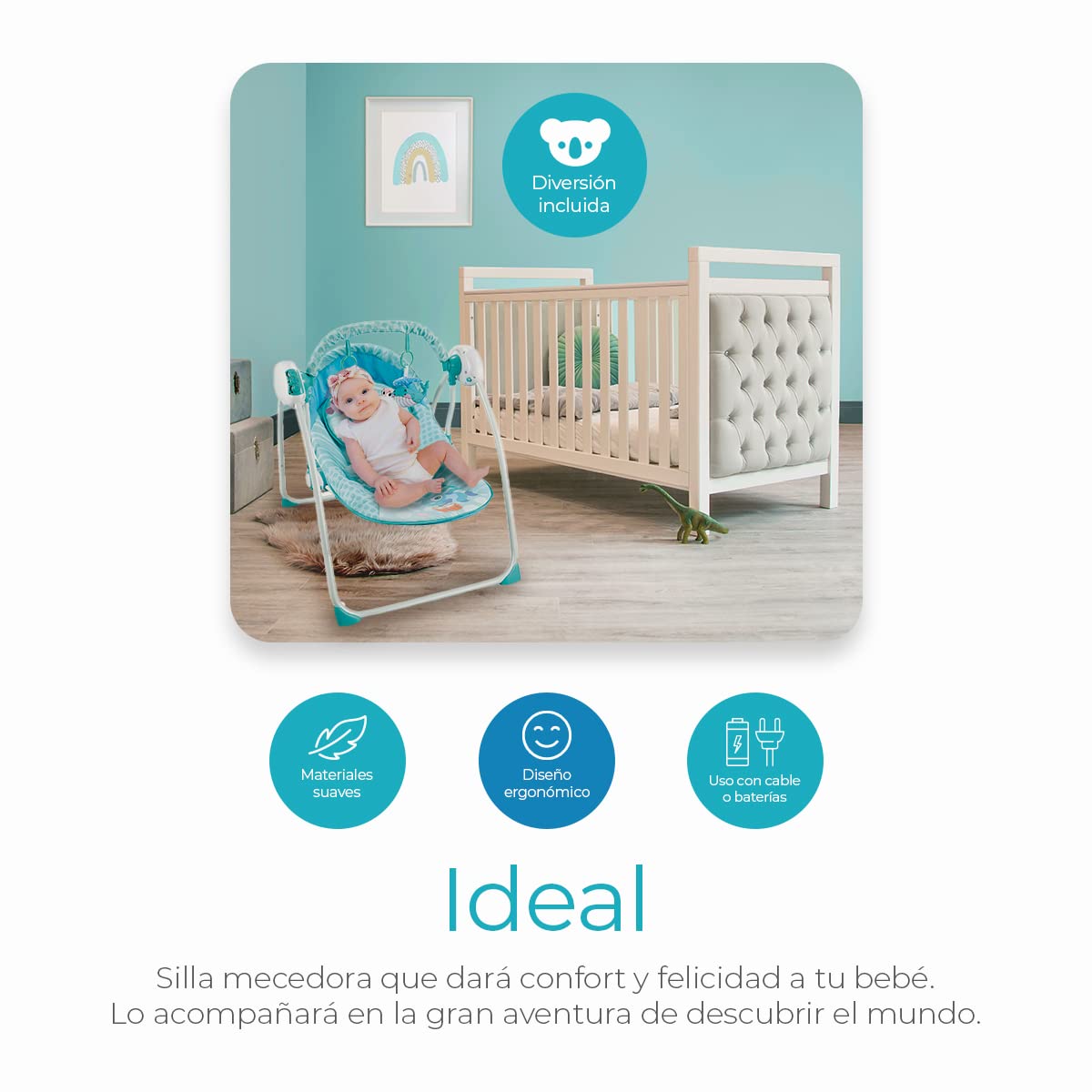 Silla Mecedora Eléctrica Raganet Azul con Control Remoto y Mosquitero para Bebés