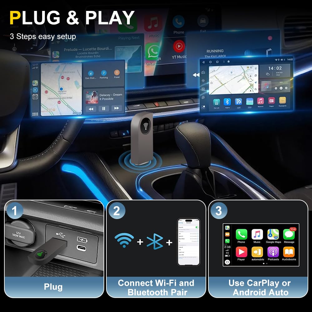 Pyniro Adaptador automático inalámbrico 2 en 1 CarPlay/Android, Plug & Play CarPlay Dongle se Convierte con Cable a inalámbrico con USB y USB-C/Tipo-C, conexión automática rápida, Control Estable y