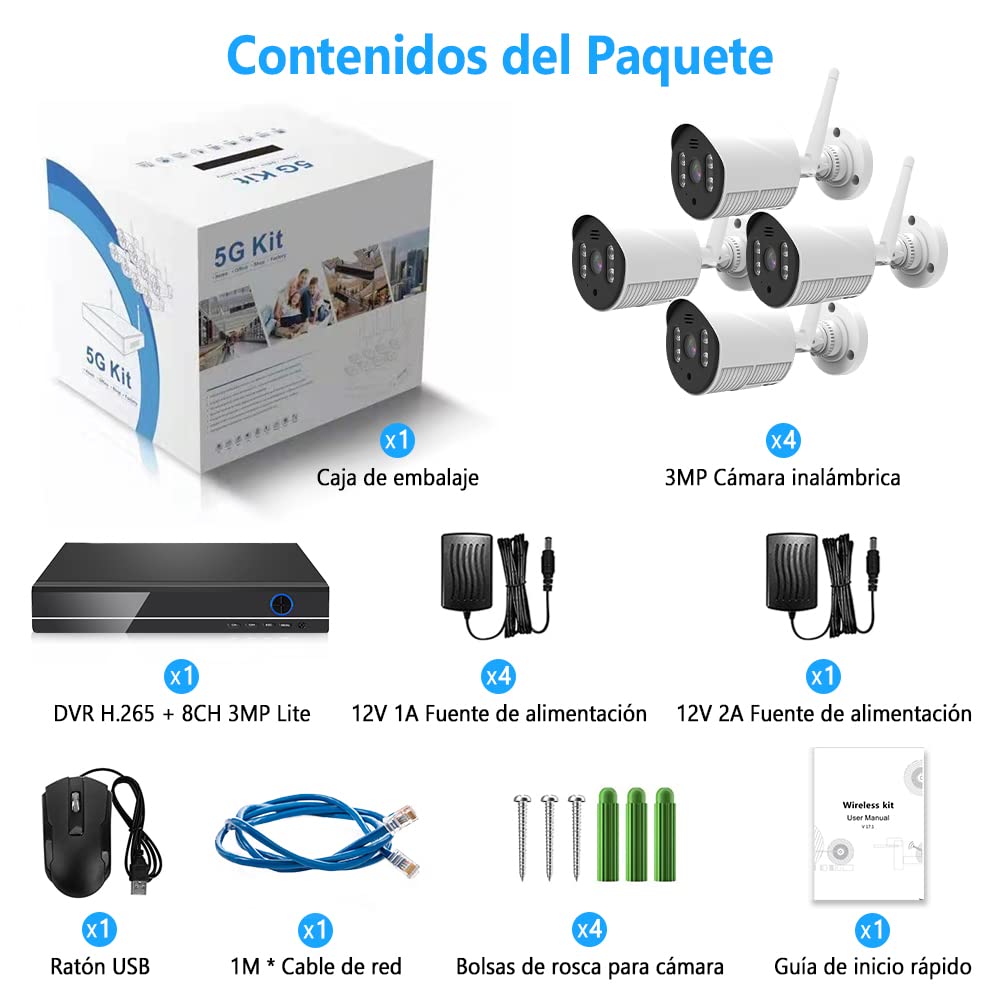 Kit de Cámara de Seguridad EASYTAO 2K 8CH 3MP WiFi con Vision Nocturna y Detección de Movimiento Inalámbrico Impermeable IP66