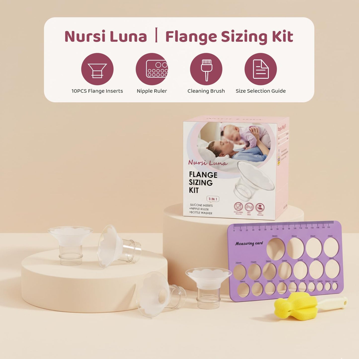 Nursi Luna - Kit de tamaño de brida 3 en 1 con 10 insertos de brida de 13/15/17/19/21 mm, kit de inserción de bridas de silicona para brida o escudo de 24 mm, kit esencial de bombeo para madres