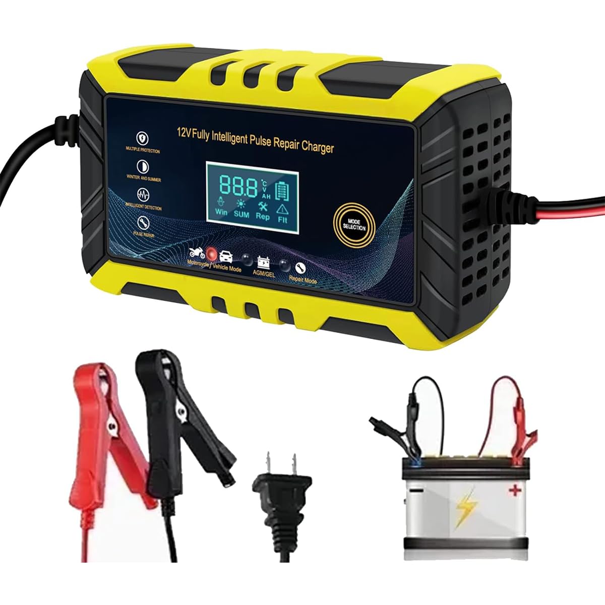 Cargador Inteligente de Batería 12V para Auto/Motocicleta | LCD, Carga Automática 3 Etapas, Protección Múltiple, Apto para Gel/AGM/Húmedas | Modos Estacionales