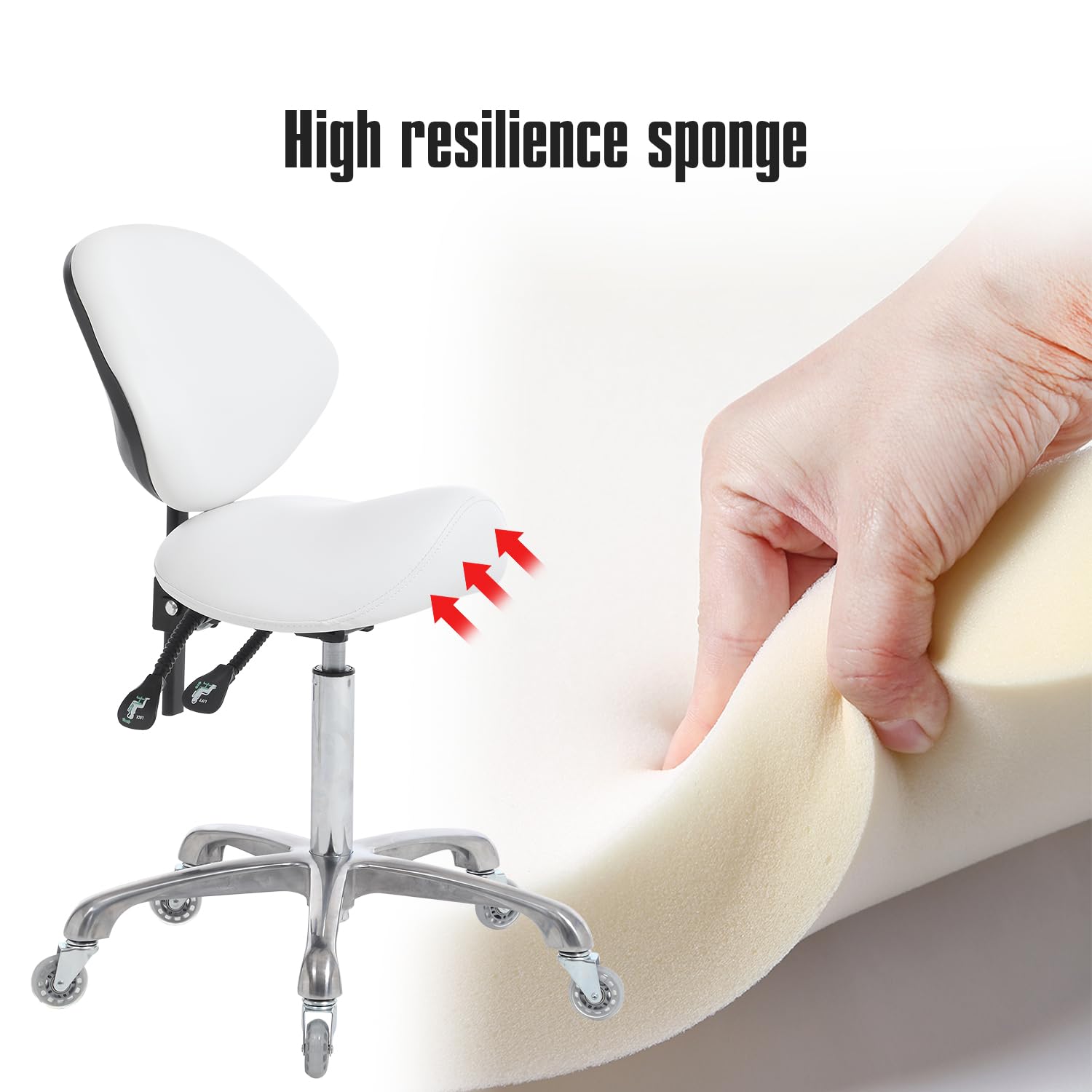 FRNIAMC - Taburete ergonómico con ruedas ajustable, hidráulico de alta resistencia (350 libras) para salón de laboratorio dental, estudio de masaje, oficina (blanco, con respaldo)