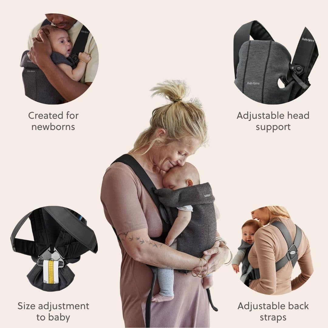 BabyBjörn Canguro Portabebé Mini, Charcoal Gray, Jersey 3D | Para recién nacidos, de 0 a 12 meses (3.2–11 kg), ergonómico y fácil de usar