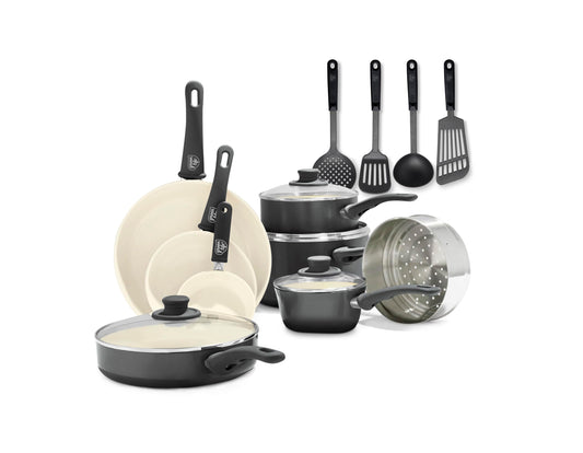 GreenLife Soft Grip - Juego de 16 ollas de cocina antiadherentes de cerámica suave, sin PFAS con utensilios de cocina y tapa, apto para lavaplatos, negro y crema
