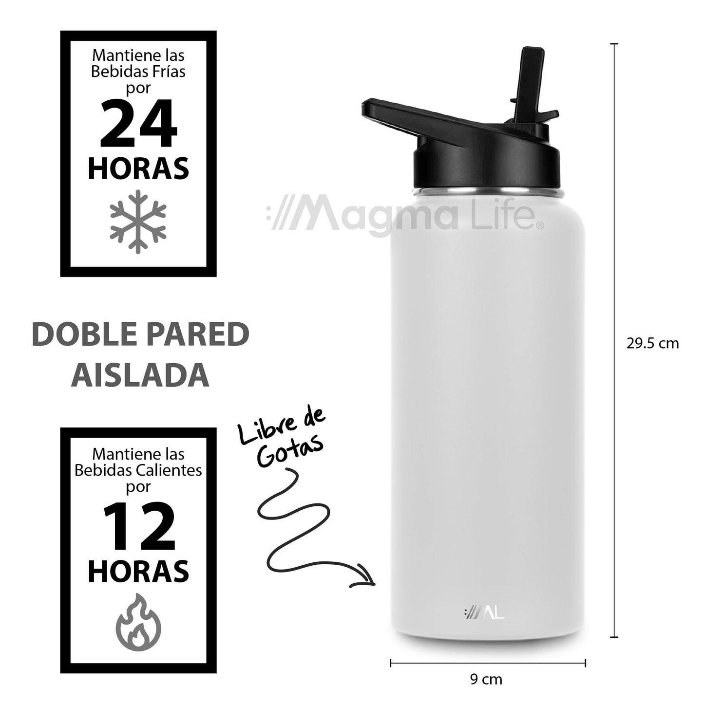 MAGMALIFE Termo de Acero Inoxidable 950 ml con Tecnología de Aislamiento al Vacío: 32 Oz (3 Tapas Intercambiables, Mantiene Caliente hasta 12 Horas, Frío hasta 24 Horas, Blanco)