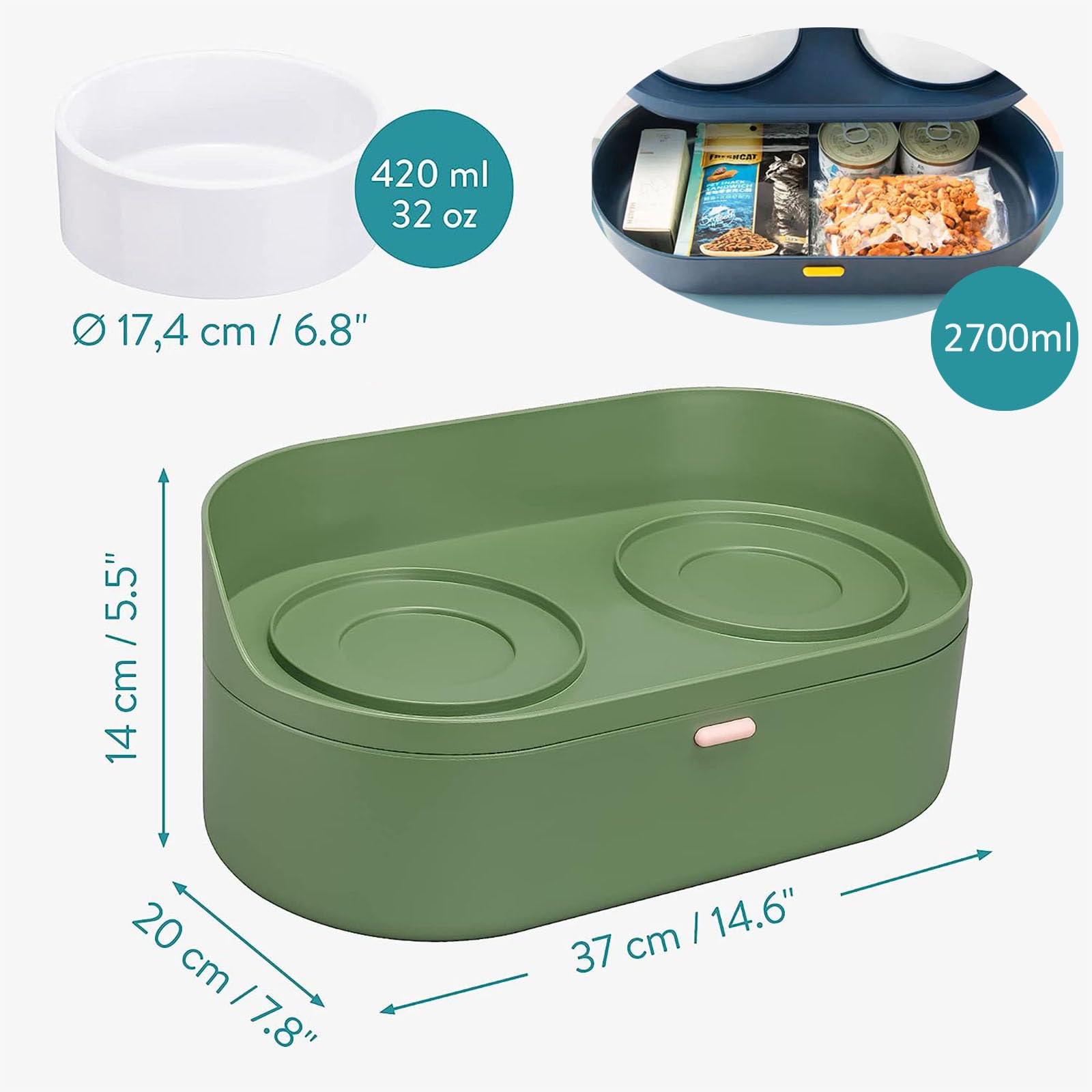 Comedero para Perro y Gatos，（2*420ML cuencos de cerámica+1*2700ML caja de almacenaje）Cuencos Elevados para Mascotas,Soporte Elevado para Cuencospara Perros y Mascotas pequeños, medianos y Grandes
