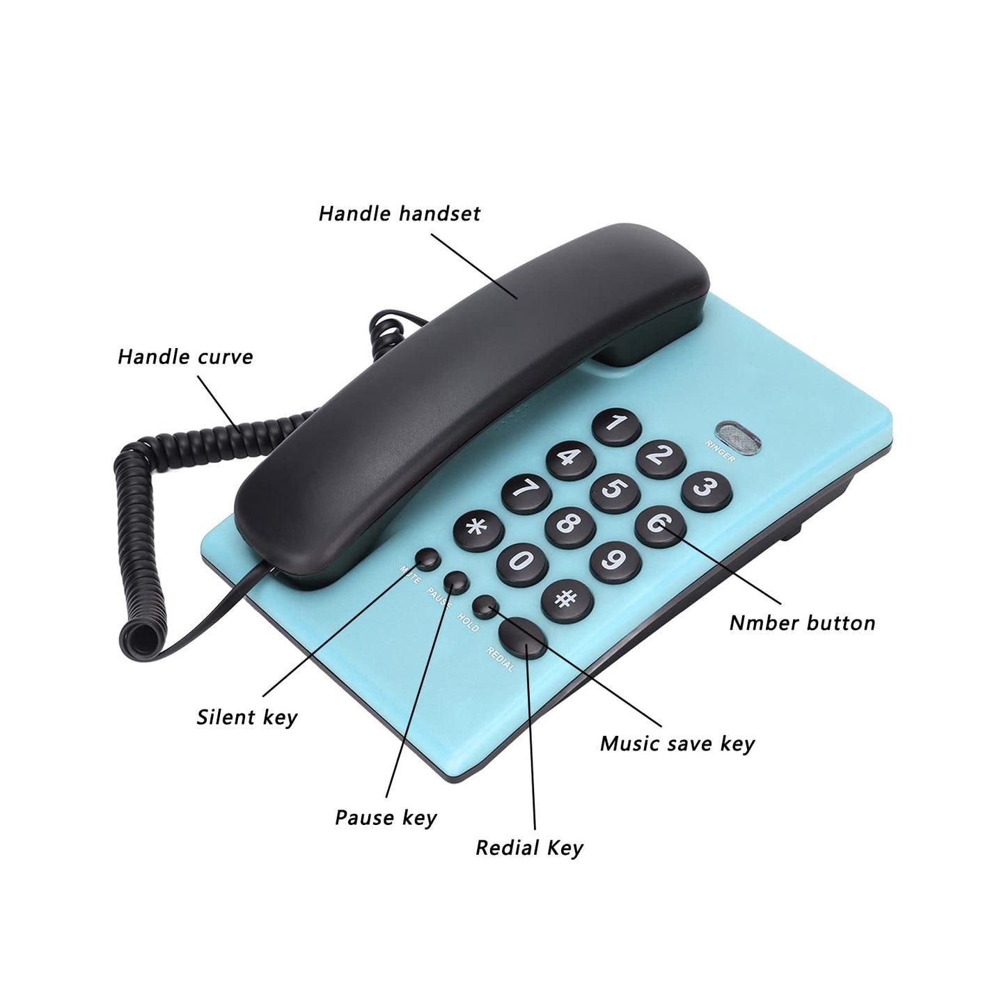ciciglow KX-T504 Teléfonos Escritorio Línea Fija, Teléfono con Cable Multifuncional sin Batería con Pausa/Silencio/Retención/Remarcación, para la Sala Estar del Hotel la Oficina(Azul)