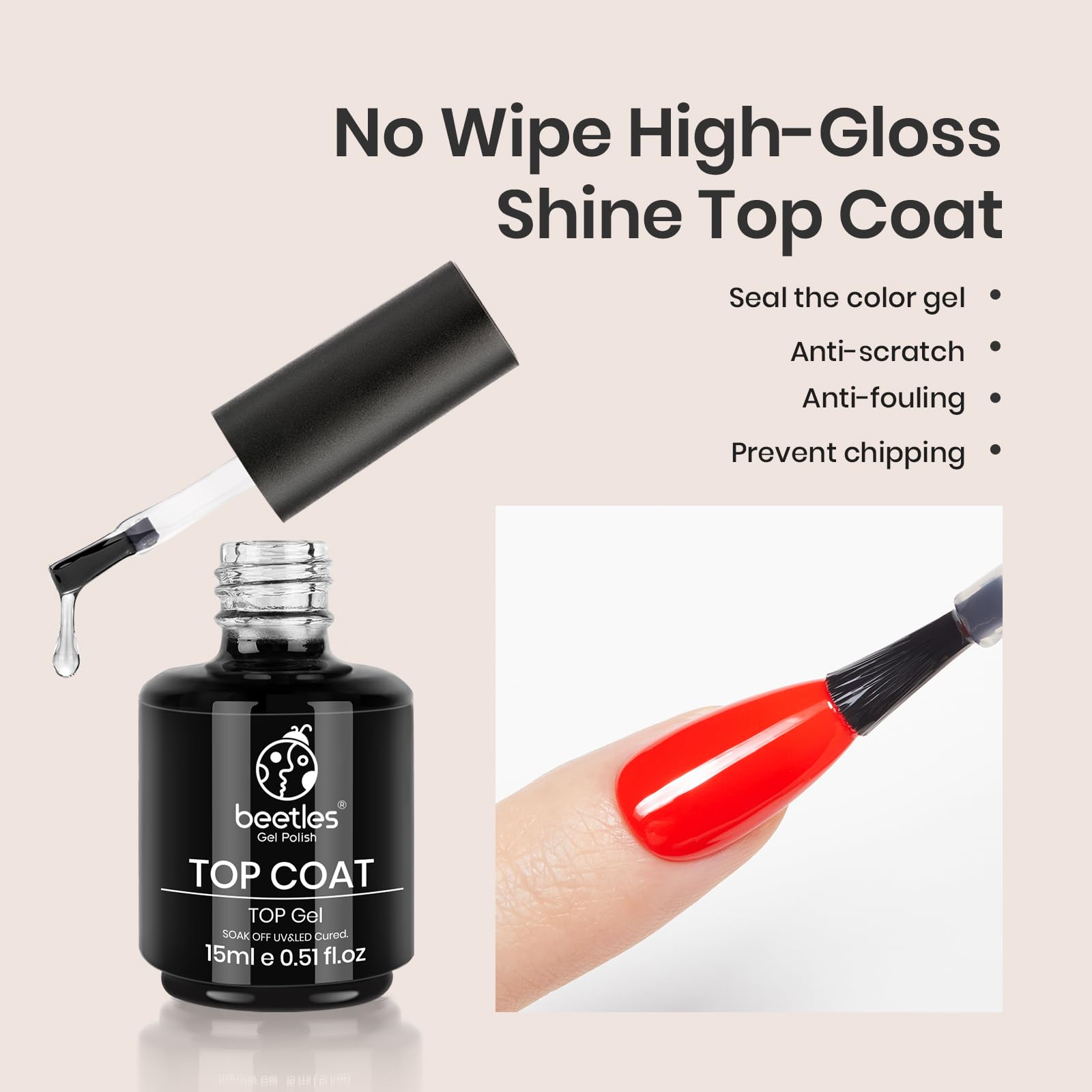 beetles Gel Polish 2 piezas 15ml No Wipe Gel Top Coat y Base Coat Set - Acabado Brillante y de Larga Duración, Lámpara LED Soak Off Capa Superior de Base de Gel Acabado Brillante