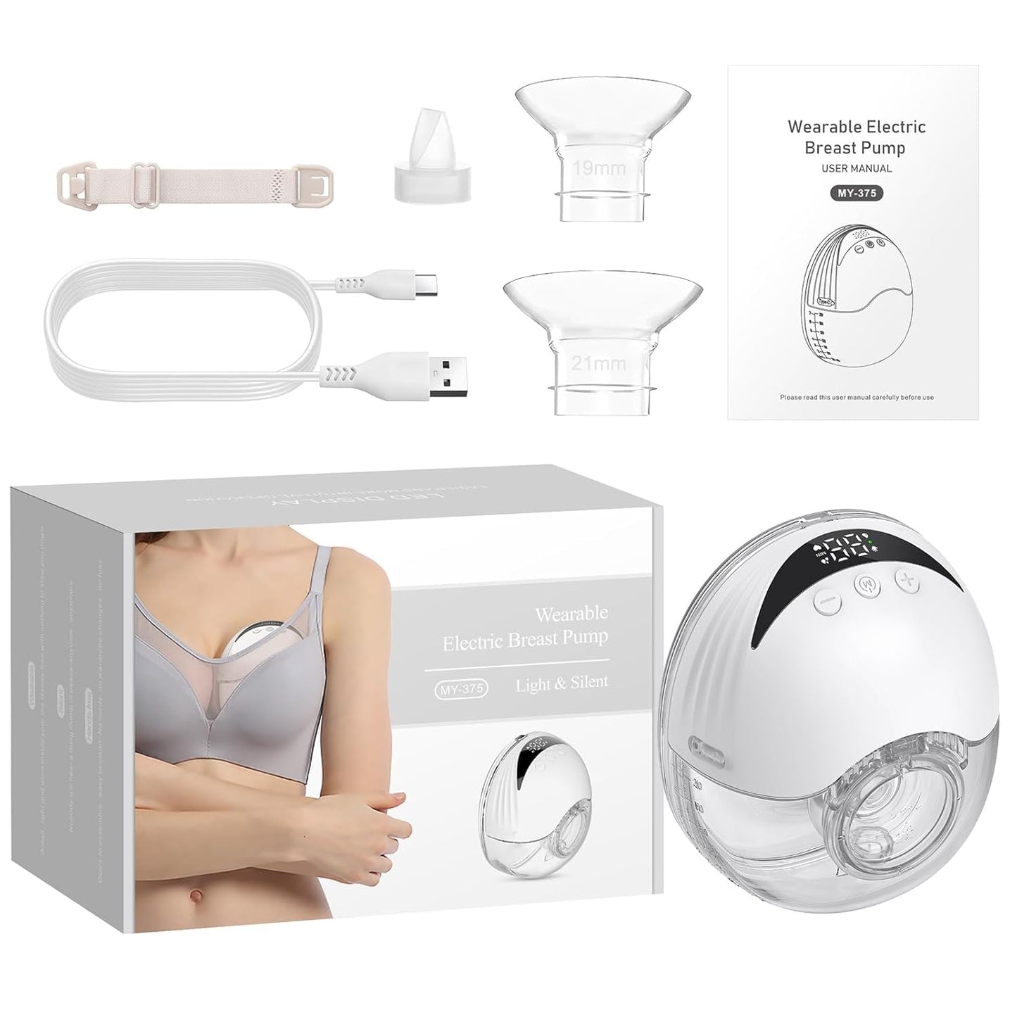 Extractor de Leche Eléctrico Portátil，Sacaleches Manos Libres con Pantalla Inteligente Diseño Antiderrames con 4 Modos y 12 Niveles de 210ml Menos Ruido con Bridas de 24/21/19 mm a Prueba de Fugas Extractor de Leche Inalámbrico Sin BPA (1)