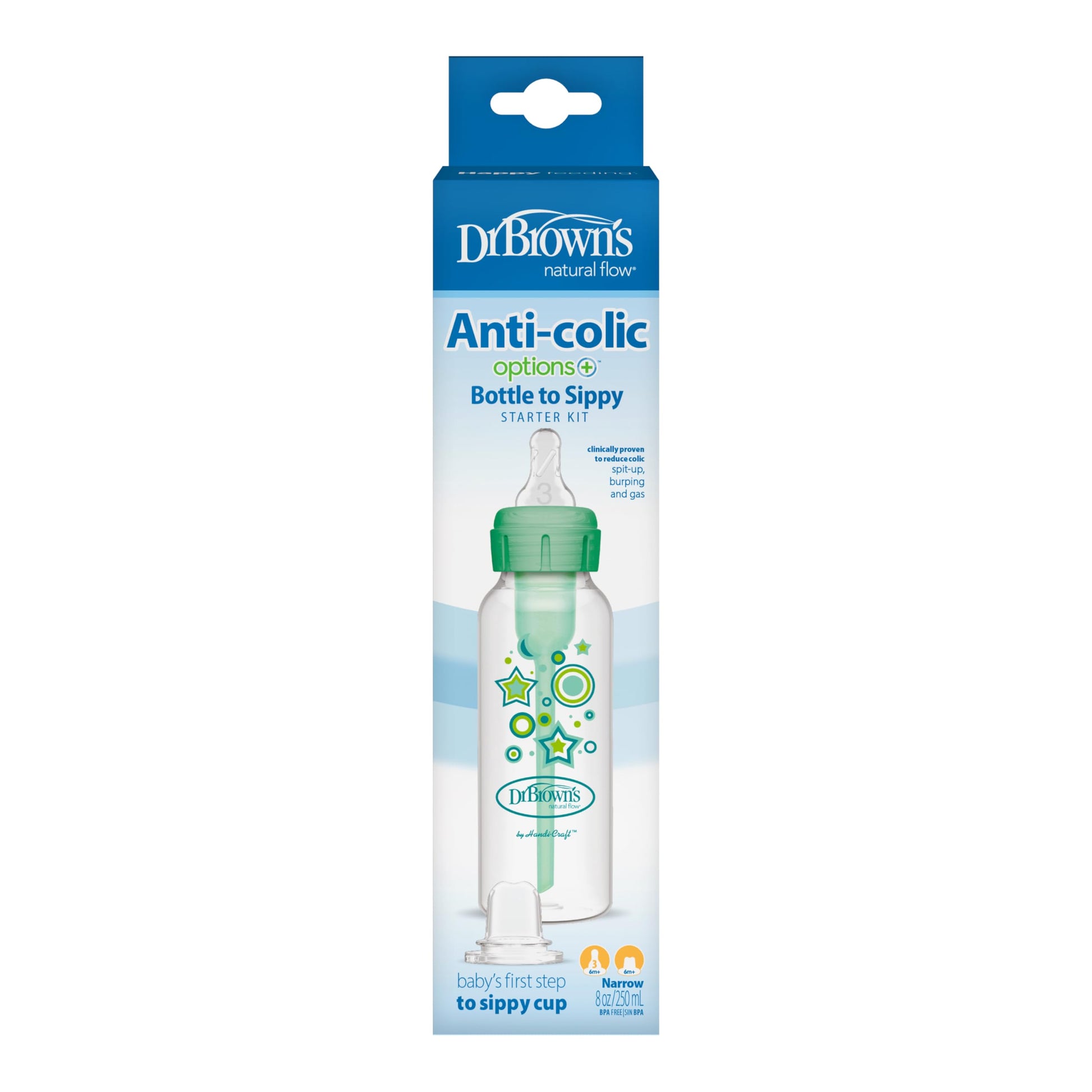 Dr. Brown's Natural Flow Options+ Kit de Transición 2 en 1 del Biberón al Vasito, Verde (Green), 250 ml