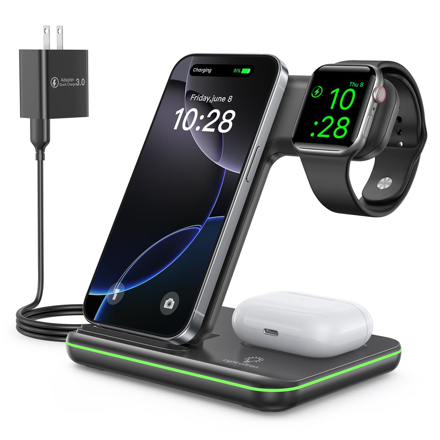 WAITIEE Cargador inalámbrico 3 en 1, estación de Carga rápida de 15 W para Apple Watch 9/8/Ultra 2/Ultra/SE/7/6/5/4/3/2, para AirPods 3/2/1/Pro/Pro 2, para iPhone 15/14/13/Plus/Pro/Pro