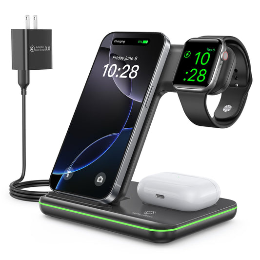 WAITIEE Cargador inalámbrico 3 en 1, estación de Carga rápida de 15 W para Apple Watch 9/8/Ultra 2/Ultra/SE/7/6/5/4/3/2, para AirPods 3/2/1/Pro/Pro 2, para iPhone 15/14/13/Plus/Pro/Pro