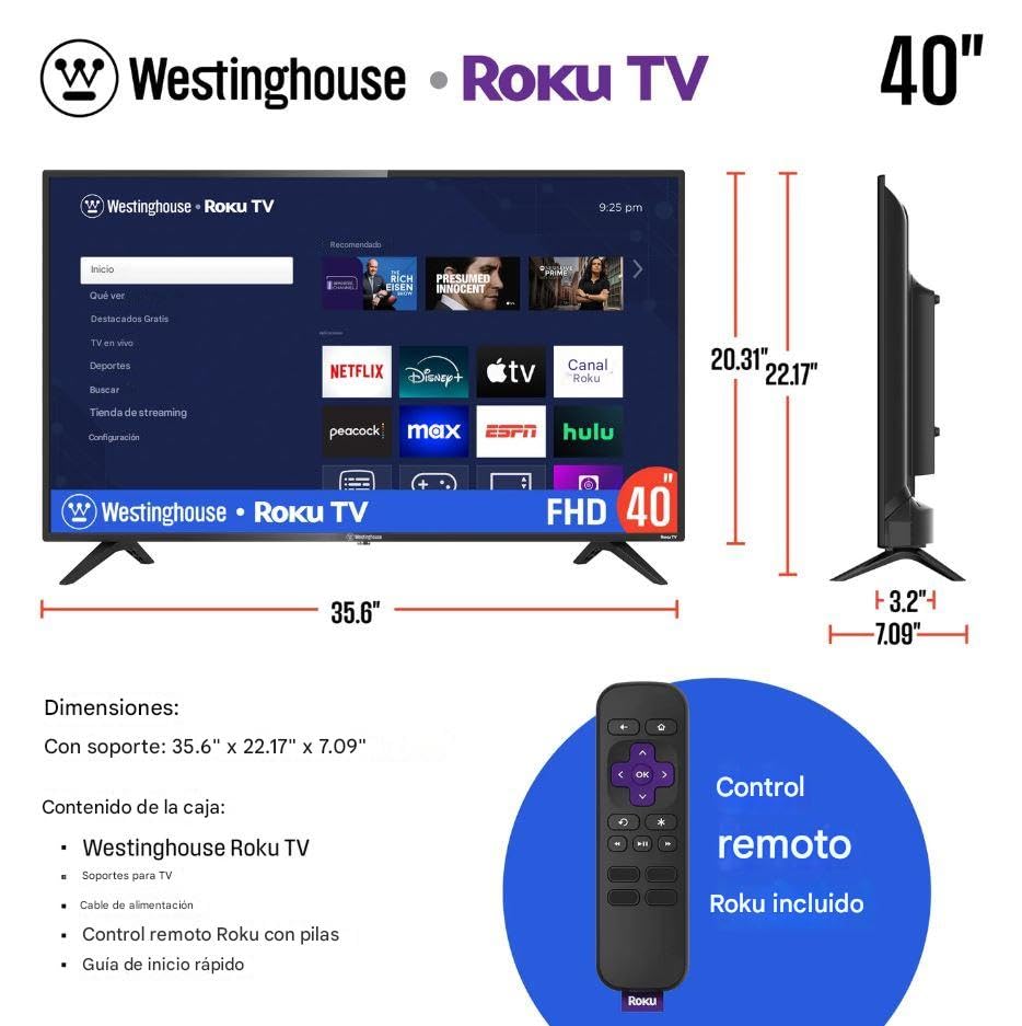 Westinghouse Televisor Inteligente Roku Full HD 1080p de 40″ Pulgadas con Wi-Fi Compatible con Amazon Alexa, Google Assistant y Apple HomeKit. - WR40FE2520